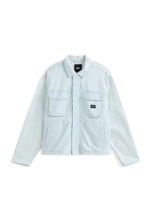 Hellblau gestreifte Jacke mit Kragen, zwei vorderen Taschen und einem Logostempel. Hergestellt aus einem strukturierten Stoff mit lockerer Passform.