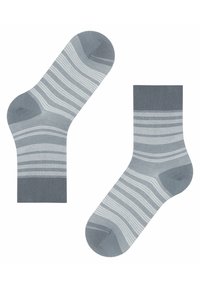 Grau gestreifte Socken mit einem Mix aus hellen und dunklen Grautönen, einem strukturierten Bündchen und verstärkten Zehen- und Fersenbereichen.
