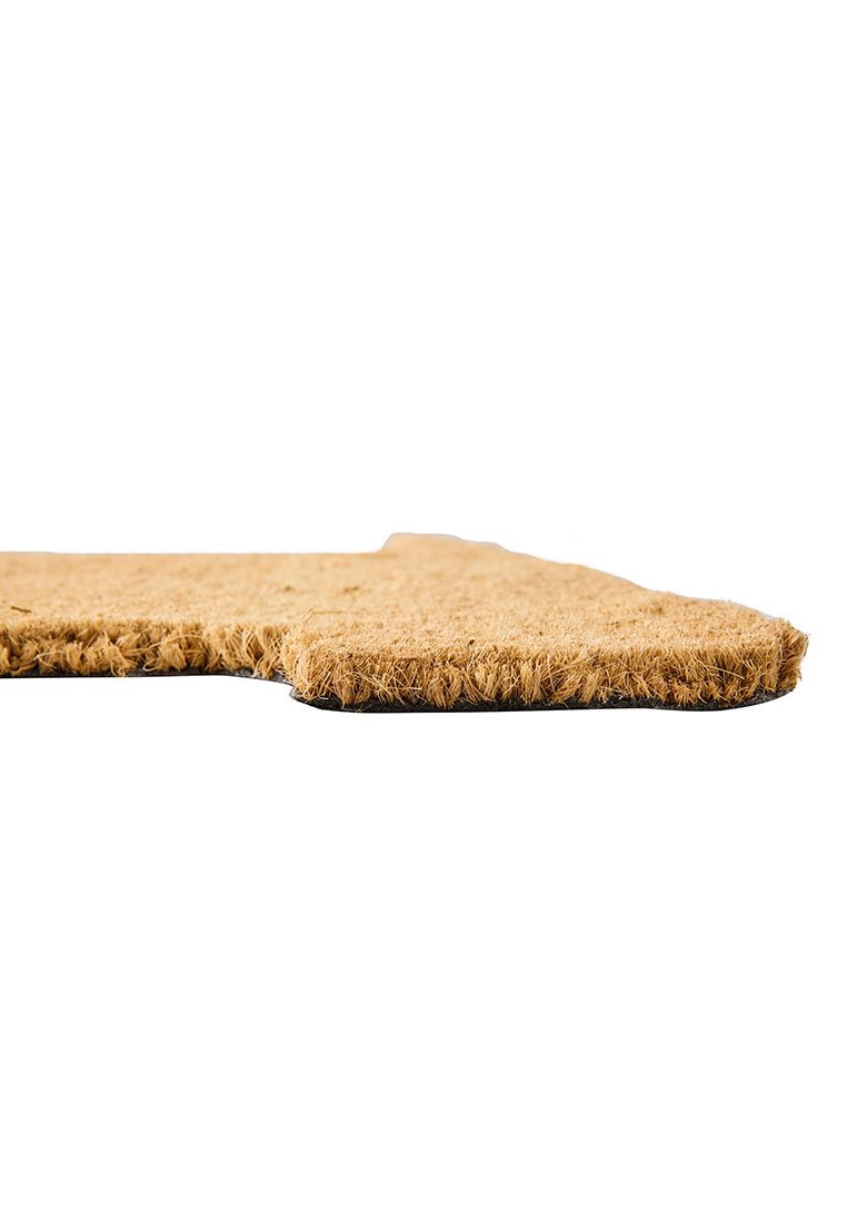 Natürliche Kokosmatte mit einem rauen, strukturierten Rand, in Beige und unregelmäßiger Form, geeignet für den Außeneinsatz.