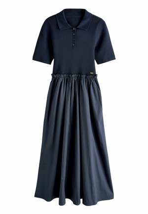 Dark navy dress with short sleeves, buttoned polo collar, and gathered waist flowing into a long, full skirt.