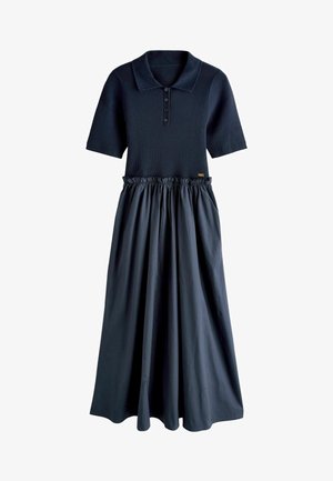 Dark navy dress with short sleeves, buttoned polo collar, and gathered waist flowing into a long, full skirt.