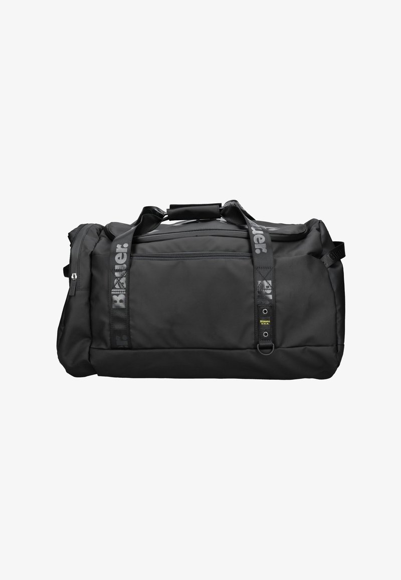 Borsa duffle nera con una forma strutturata, realizzata in tessuto resistente. Presenta doppi manici superiori e una tasca frontale con zip. Accentuata con branding.