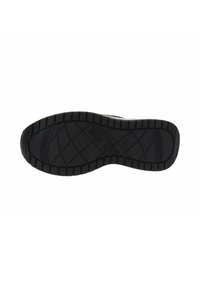 Semelle de chaussure en caoutchouc noir avec un motif de bande de roulement texturé, featuring rainures et crêtes pour une meilleure adhérence. Logo de la marque embossé sur la surface.
