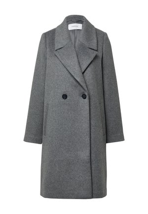 Cappotto lungo grigio in lana, doppiopetto, con ampi rever e due bottoni neri, tasche frontali e una fodera interna liscia.