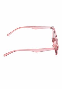 Occhiali da sole trasparenti rosa con montatura rettangolare minimalista e aste dritte con una finitura liscia. Nessun marchio o motivo visibile.