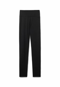 Svarta leggings i ett slätt, elastiskt tyg. Har en bred midja och en smal passform, som går ned till ankellängd utan synliga sömmar.