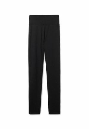 Svarta leggings i ett slätt, elastiskt tyg. Har en bred midja och en smal passform, som går ned till ankellängd utan synliga sömmar.