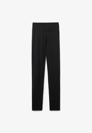 Sorte leggings lavet af glat, strækbart stof. Har en bred talje og en tætsiddende pasform, der går til ankelens længde uden synlige sømme.