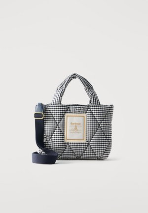 Sac à main matelassé à carreaux bleus marines et blancs avec poignées courtes, bandoulière réglable bleue marine, et écusson avec le logo Barbour South Shields.
