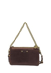 Sac à main en cuir brun avec une finition brillante, chaîne en or, fermeture éclair à l'avant et détail de logo. Comprend des accents de quincaillerie décoratifs.