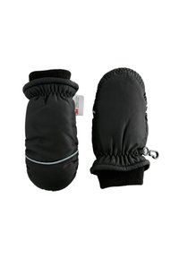 Ein Paar schwarze isolierte Winterhandschuhe mit elastischen Bündchen, gestrickten Handgelenkbändern und einem kleinen Clip zur Befestigung.