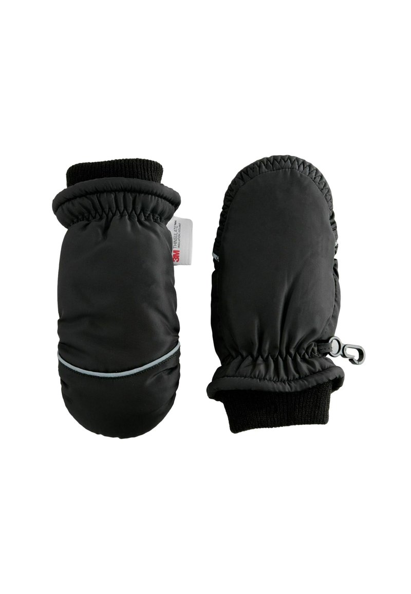 Ein Paar schwarze isolierte Winterhandschuhe mit elastischen Bündchen, gestrickten Handgelenkbändern und einem kleinen Clip zur Befestigung.