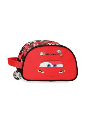 Bolsa de aseo para niños con cremallera roja, con la cara de Rayo McQueen, número de carrera 95 y tirador de cremallera en forma de neumático sobre fondo blanco.
