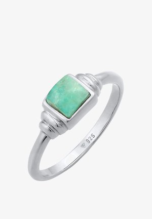Anello in argento sterling con una pietra rettangolare di turchese dalla superficie liscia, adornato con accenti curvi e timbrato con '925'.
