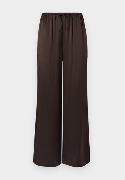 Black, wide-leg trousers made from smooth fabric with an elastic waistband and drawstring. Features a loose, flowing design.