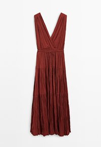 Long, deep V-neck, rust-colored dress with pleats and a tie waist, hanging against a white background. No visible patterns or decorations.