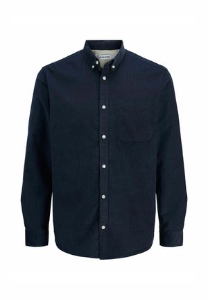 Temno modra kordurova srajca z dolgimi rokavi, ovratnikom na gumbe, sprednjim žepom in belimi gumbi na sprednji legi ter na manšetah.