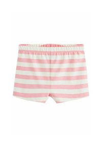 Shorts en tissu doux pour enfants avec des rayures horizontales roses et blanches et une taille élastique.