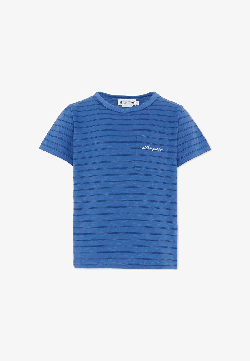 T-shirt bleu à manches courtes pour enfants avec de fines rayures horizontales sombres et une poche avant brodée du mot "Bonjour".