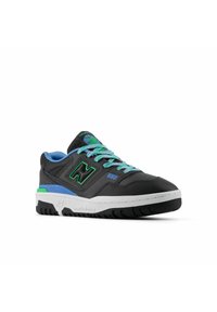 Black leather sneakers with green accents, blue laces, and a white sole. Features a green "N" logo and a padded collar for support.