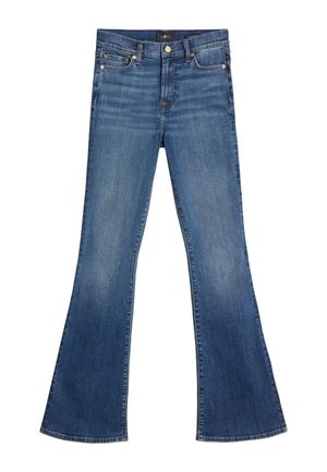 Denim flared jeans in medium blue, featuring a high waist, five pockets, visible stitching, and slightly faded texture for a worn look.