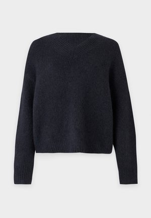 Dunkelblaues V-Ausschnitt-Pullover aus weichem Strickmaterial, mit langen Ärmeln, einem lockeren Schnitt sowie gerippten Bündchen und Saum.