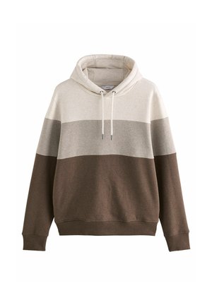 Sudadera de tela suave con rayas horizontales en beige, gris y marrón, que cuenta con capucha con cordón y puños y dobladillo acanalados.