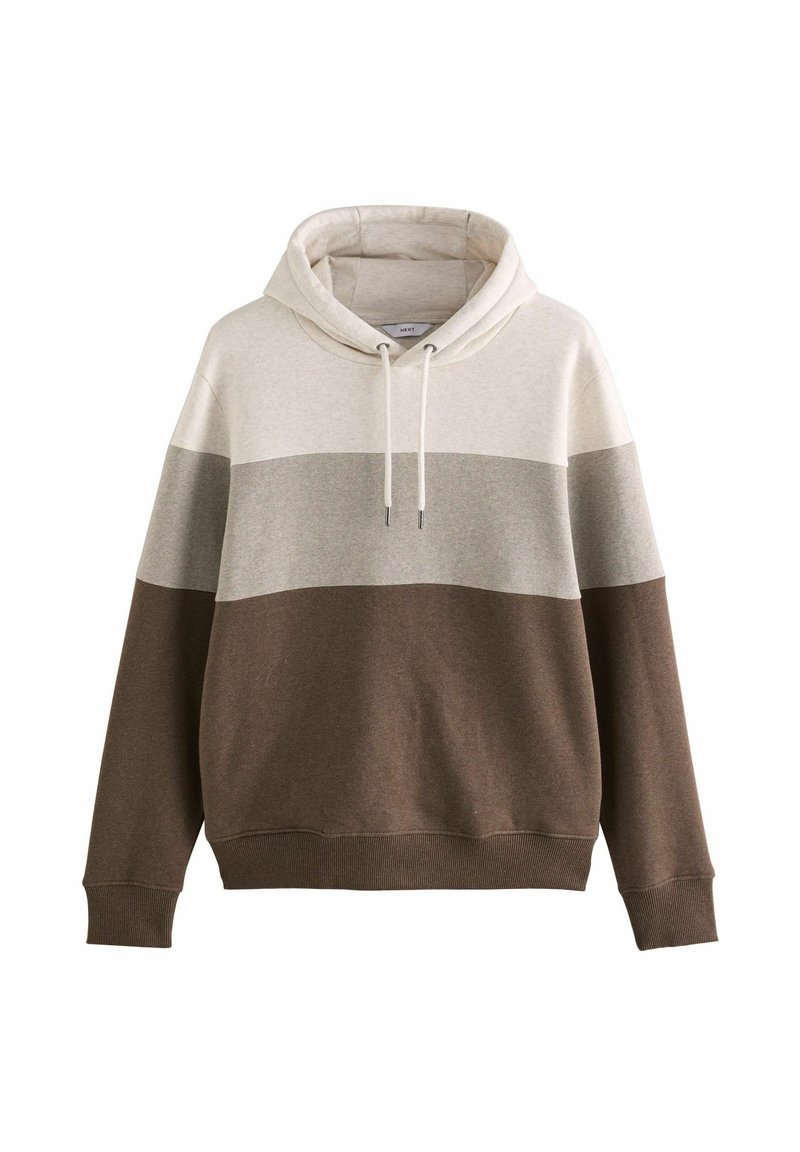 Hoodie made of soft fabric with beige, gray, and brown horizontal stripes, featuring a drawstring hood and ribbed cuffs and hem.