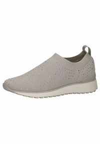 Beige slip-on cipő, textúrált kötött felső résszel, apró csillogó díszítésekkel, rugalmas gumitalppal a kényelem és tapadás érdekében.