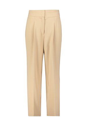 Beige broeken met een gladde textuur, plooien en een rechte snit. Voorzien van een tailleband en geen zichtbare zakken of hardware.