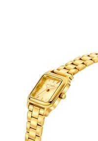 Goldfarbene Edelstahluhr mit rechteckigem Gehäuse, minimalistischer Zifferblatt und Gliederarmband. Verfügt über eine strukturiert Oberfläche und eine Krone als Akzent.