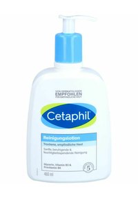 Cetaphil Reinigungsmilch in einer weißen Kunststoffflasche mit einer blauen Pumpvorrichtung. Das Etikett weist blaue und grüne Akzente auf und hat ein Fassungsvermögen von 460 ml.