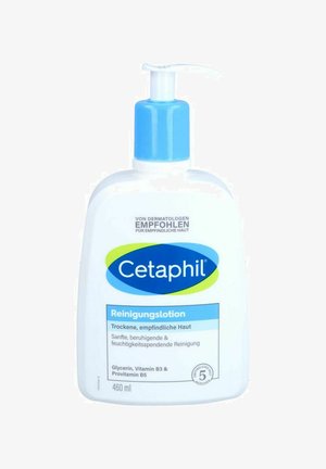 Cetaphil cleansing lotion in a white plastic bottle with a blue pump top. Label features blue and green accents, 460 ml capacity.