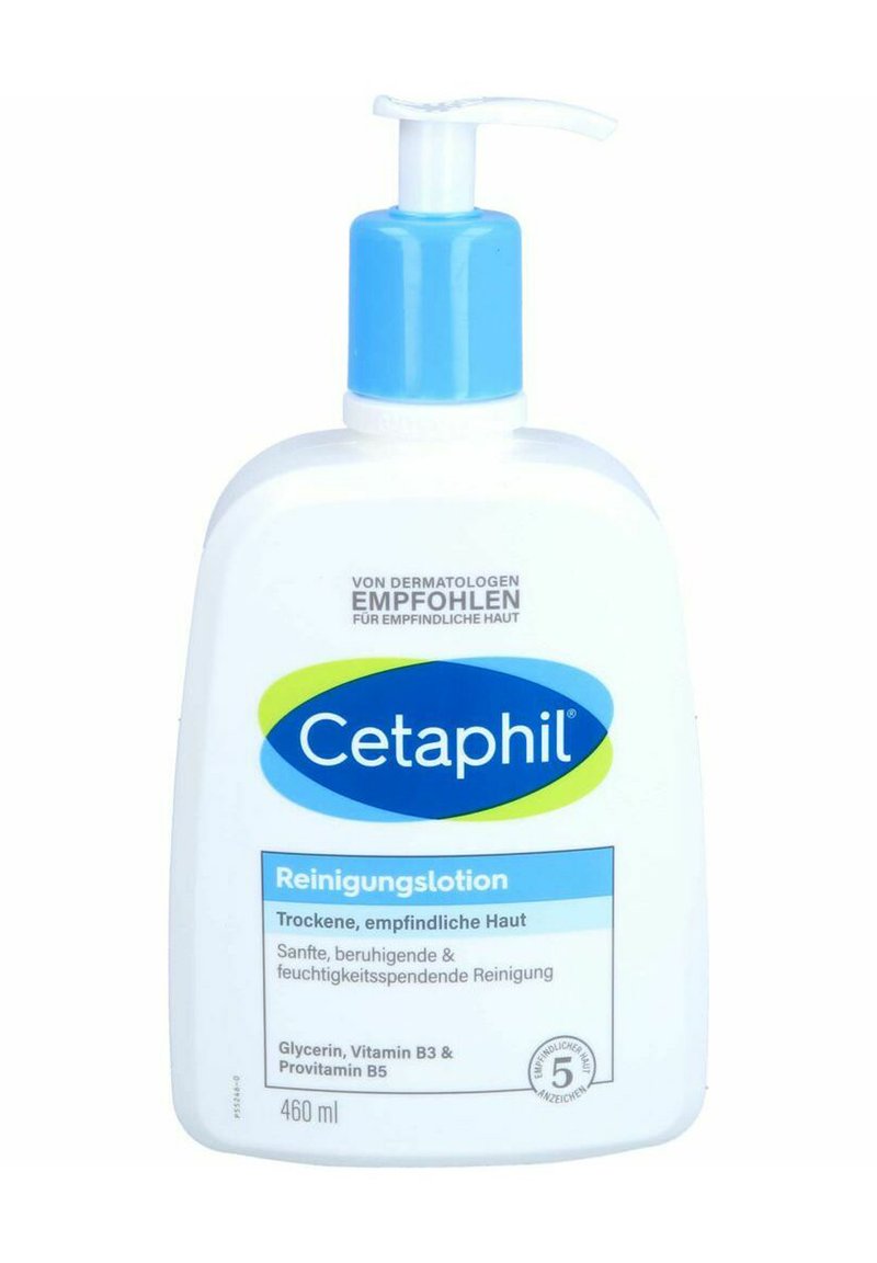 Cetaphil Reinigungsmilch in einer weißen Kunststoffflasche mit einer blauen Pumpvorrichtung. Das Etikett weist blaue und grüne Akzente auf und hat ein Fassungsvermögen von 460 ml.