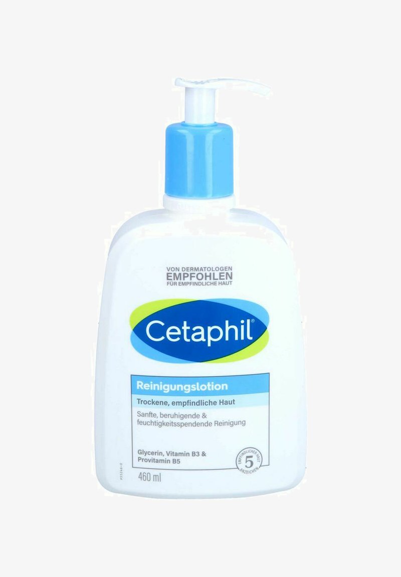 Cetaphil Reinigungsmilch in einer weißen Kunststoffflasche mit einer blauen Pumpvorrichtung. Das Etikett weist blaue und grüne Akzente auf und hat ein Fassungsvermögen von 460 ml.