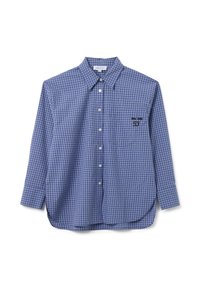Camicia a quadri blu con maniche lunghe, orlo arrotondato e una piccola tasca sul petto con un dettaglio grafico nero. Materiale in cotone.