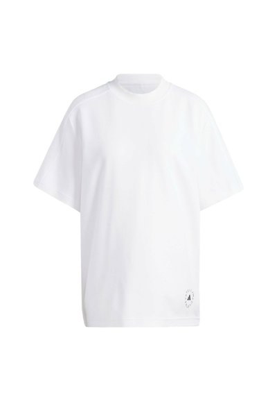 Tricou alb din bumbac, cu mâneci scurte, guler rotund și croială lejeră. Detaliu notabil: un mic logo grafic negru pe tiv.
