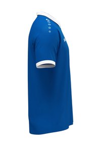 Blauwe polo met een witte kraag en mouwafwerking. Bevat vijf decoratieve knopen op de schouder. Gemaakt van een gladde, ademende stof.