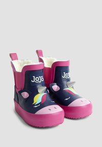Stivali impermeabili viola con suola rosa, caratterizzati da un design di unicorno, interno morbido e linguette per una facile calzata.