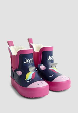 Lila wasserdichte Stiefel mit einer pinken Sohle, ausgestattet mit einem Einhorn-Design, plüschigem Innenbereich und Zuglaschen für ein einfaches Anziehen.