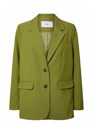Olivengrøn blazer med en struktureret design, der har en reverskrave, to forlommer og to knapper til lukning. Tekstureret stof.