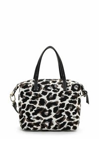 Handtasche mit Leopardenmuster aus plüschigem Material, schwarzen Ledergriffen und goldfarbenen Beschlägen. Verfügt über eine strukturierte Form und einen Reißverschluss.