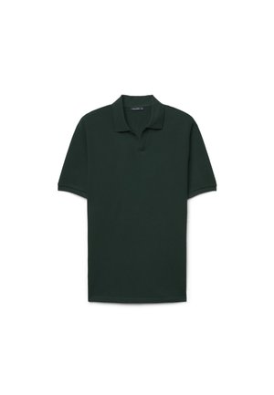 Dark green short-sleeve polo shirt with a collar and a short V-neck opening, displayed flat on a white background.