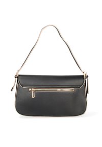 Borsa a tracolla in pelle nera con un design strutturato, dettagli in zip color oro e una tracolla di colore crema. Profilo piatto con una superficie liscia.