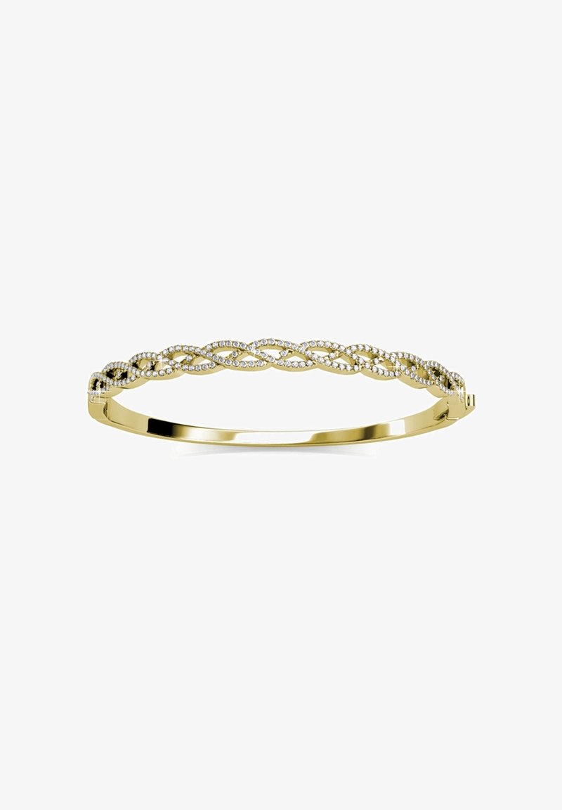 Gouden armband met een ingewikkeld gedraaide ontwerp en kleine heldere rhinestones langs de bovenrand voor extra sprankling.