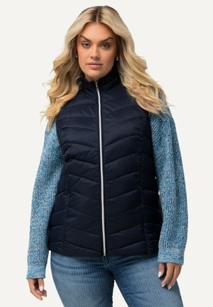 Gilet d'hiver marine avec des coutures verticales, des manches texturées bleues et une fermeture éclair à l'avant. Comprend des poignets élastiques et une coupe ajustée.