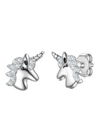 Pendientes destuds de unicornio plateados con acentos de strass brillantes. Presentan un diseño en 3D con un acabado suave y un cuerno y melena detallados.