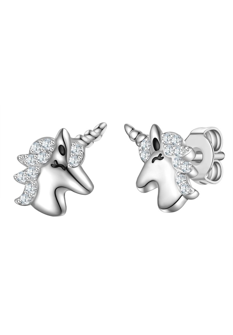 Pendientes destuds de unicornio plateados con acentos de strass brillantes. Presentan un diseño en 3D con un acabado suave y un cuerno y melena detallados.