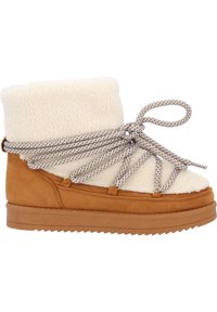 Tyrkysově hnědé kožené kotníkové boty s bílým ovčím péřem na okraji, se strukturovaným světle hnědým šněrováním a plochou gumovou podrážkou pro lepší přilnavost.