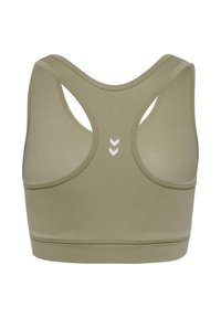 Sportowy biustonosz w kolorze oliwkowej zieleni o gładkiej teksturze, z wycięciem typu racerback oraz białymi detalami w kształcie szewronu na plecach.